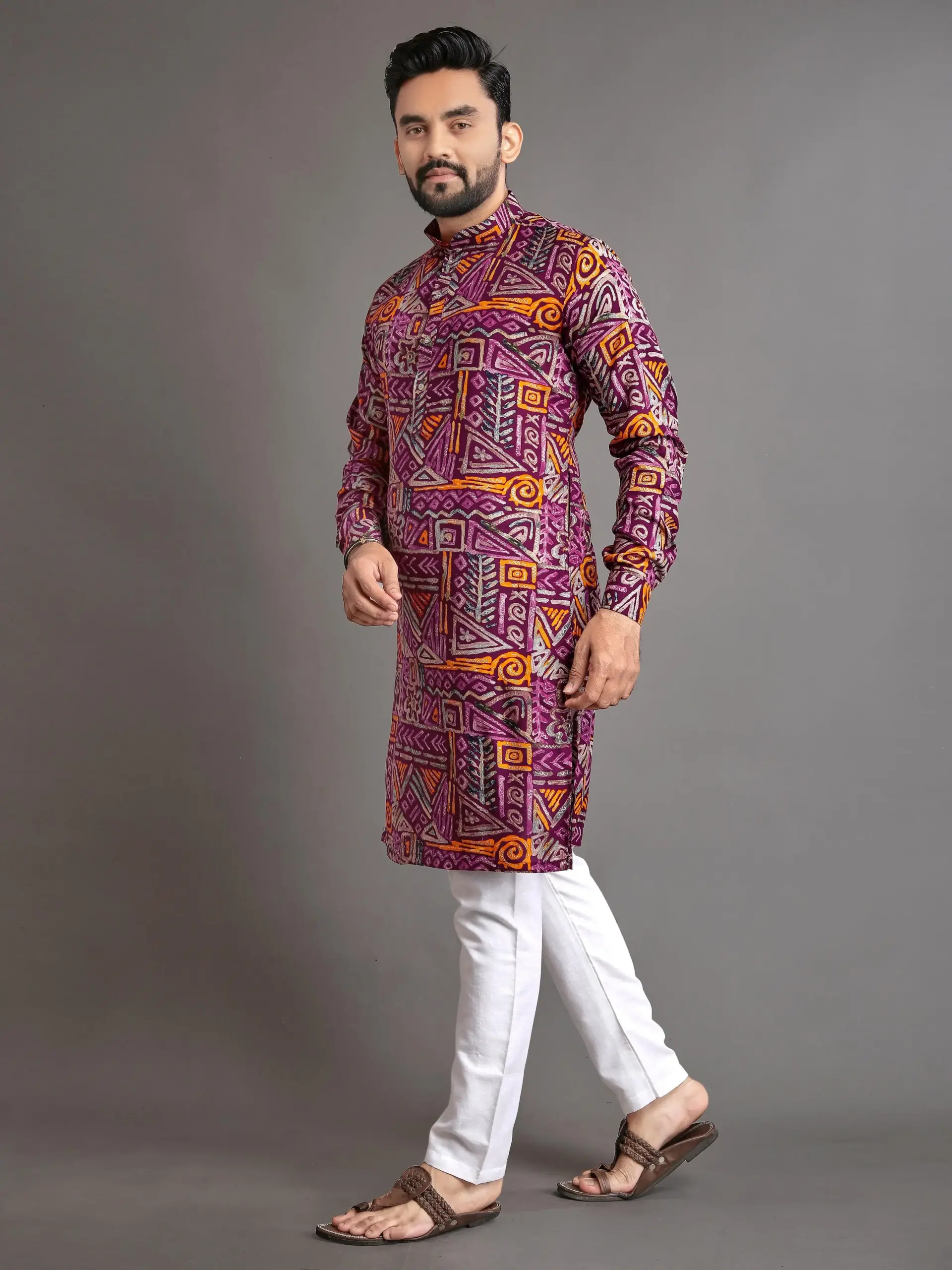 Wine Cotton Foil Print Men's Kurta Pyjama - Image 3