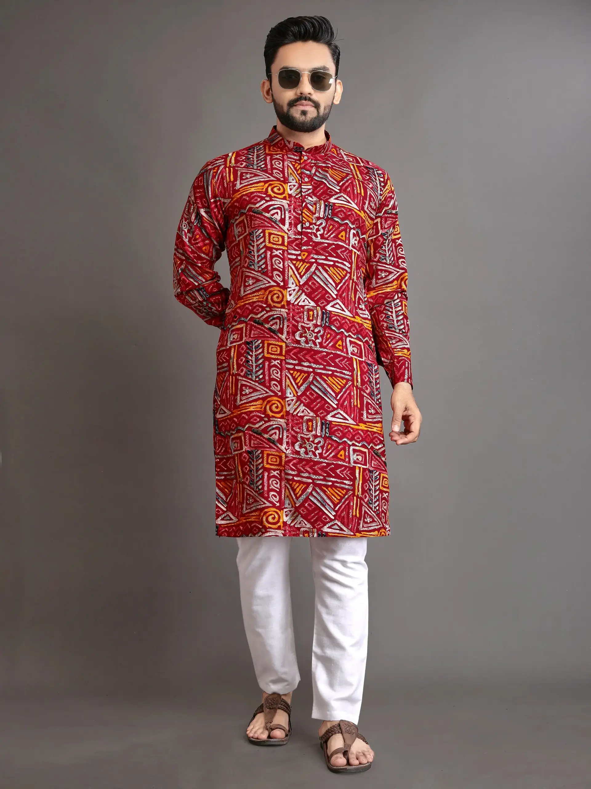 Maroon Cotton Foil Print Men's Kurta Pyjama