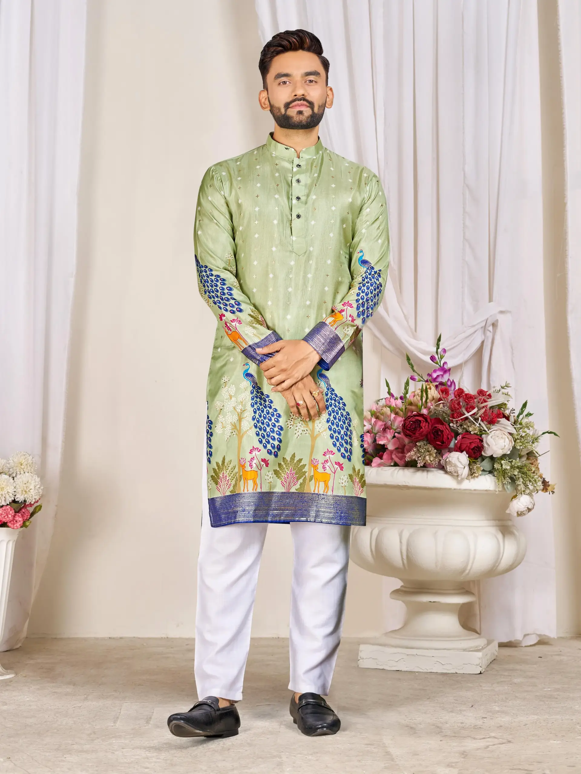 Light Green Dola Silk Foil Print Men's Kurta Pyjama