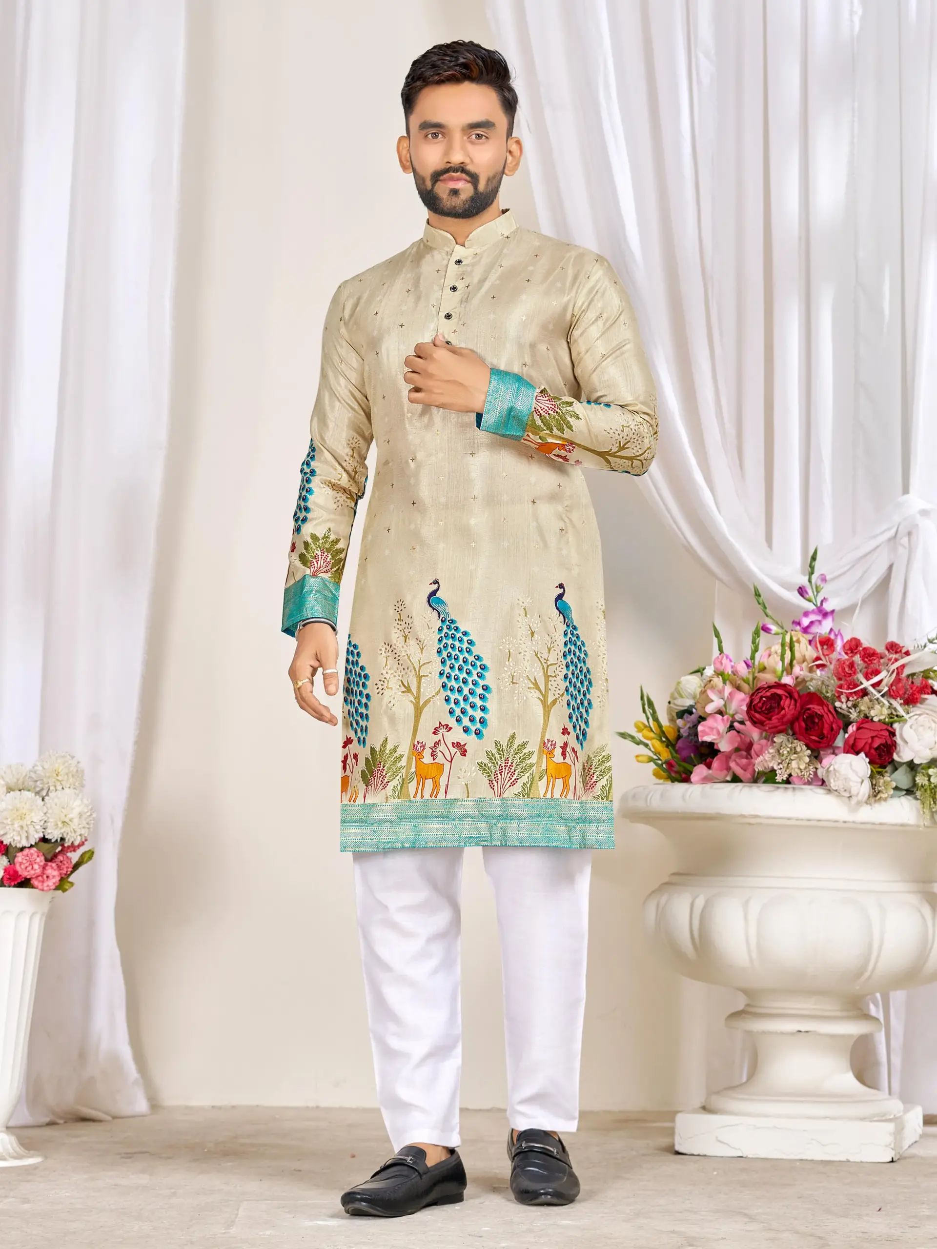 Beige Dola Silk Foil Print Men's Kurta Pyjama