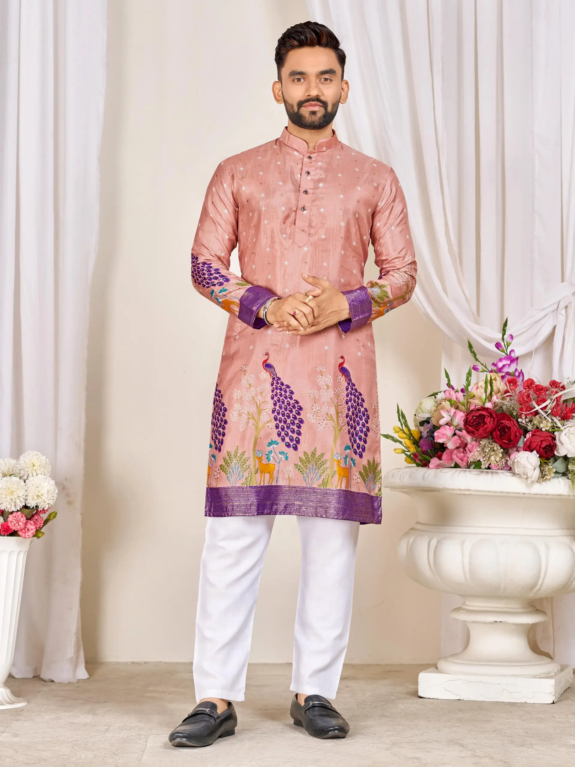 Peach Dola Silk Foil Print Men's Kurta Pyjama
