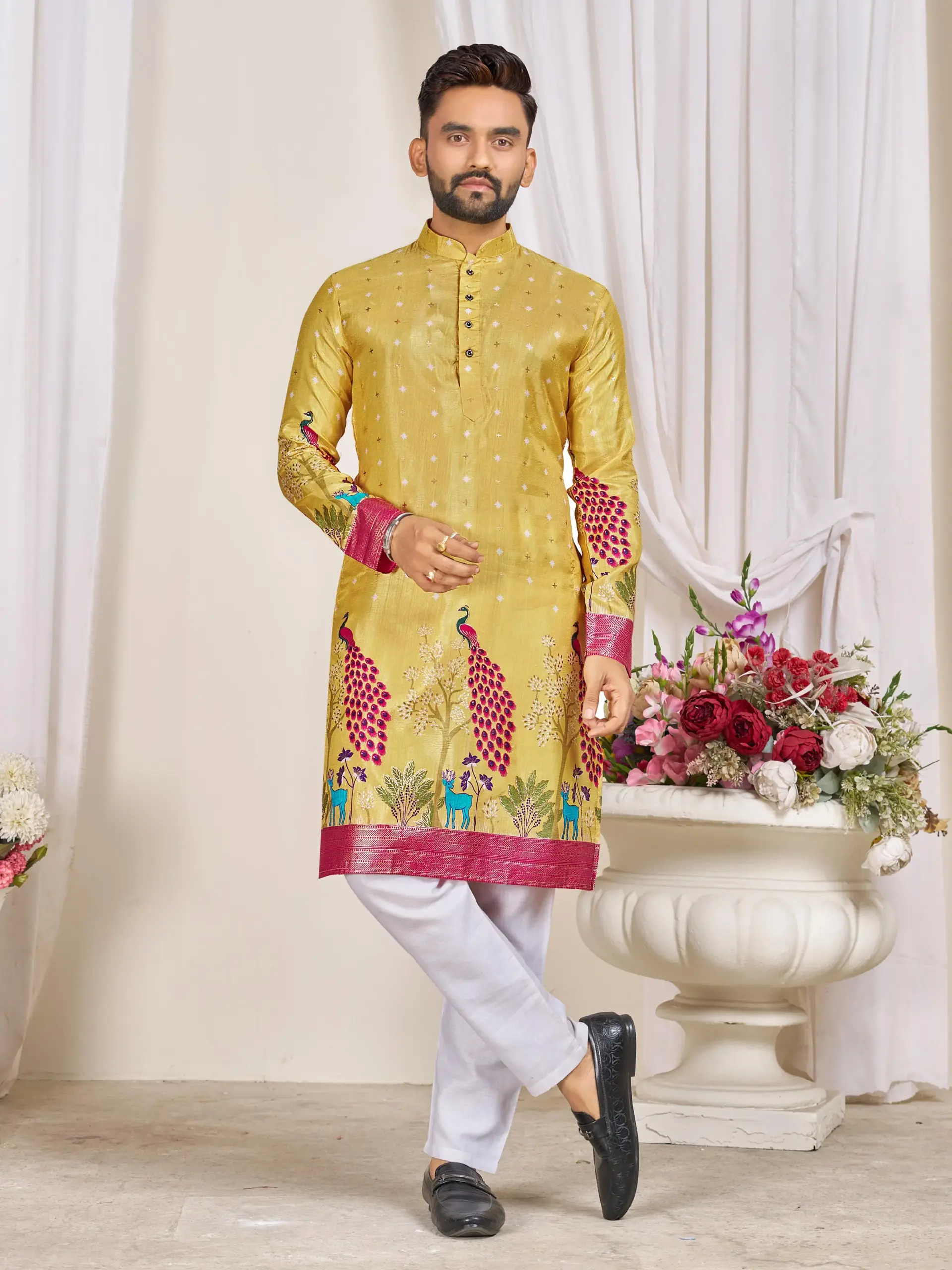 Yellow Dola Silk Foil Print Men's Kurta Pyjama