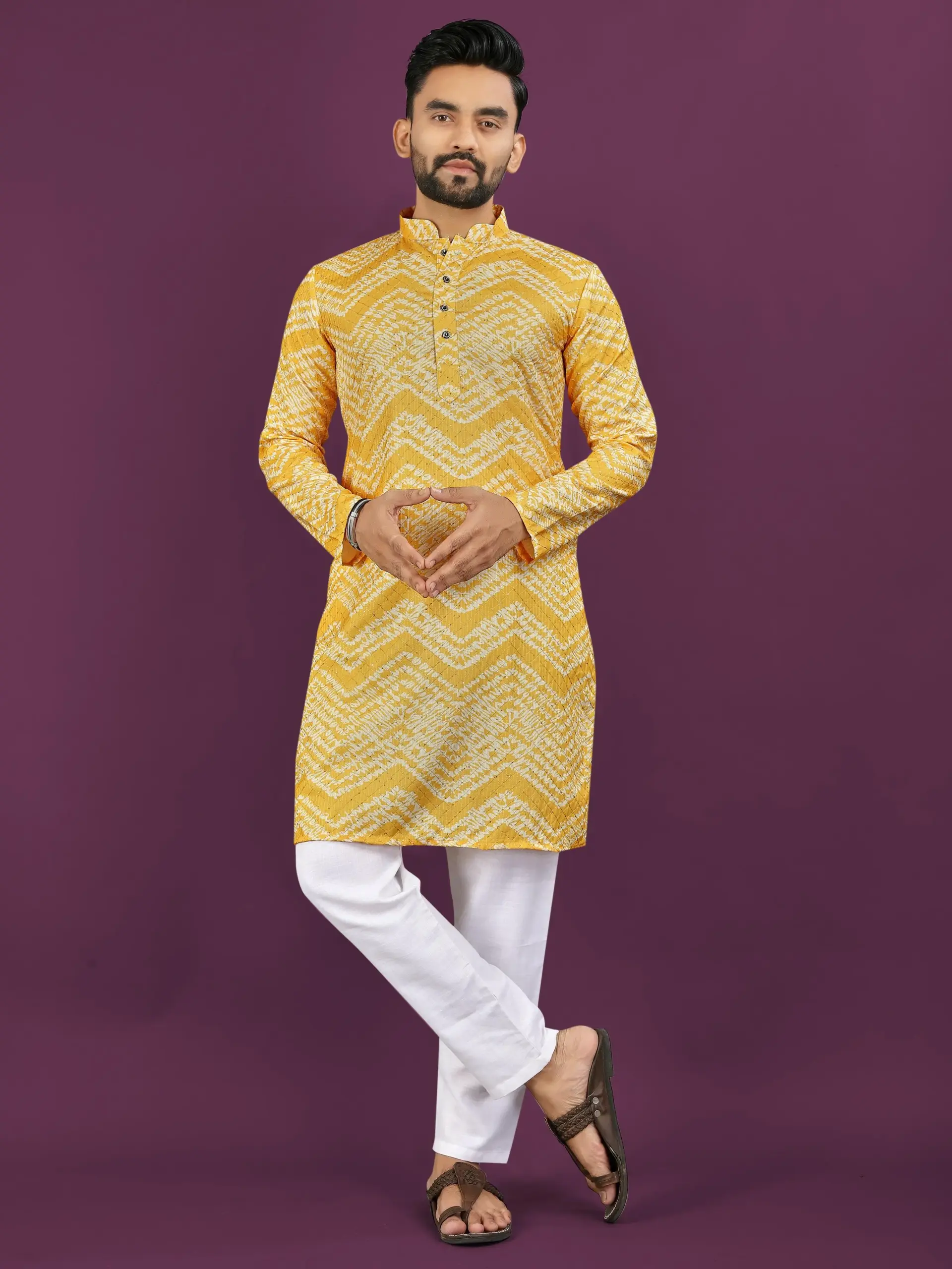 Mustard Rayon Laheriya Digital Print Men's Kurta Pyjama