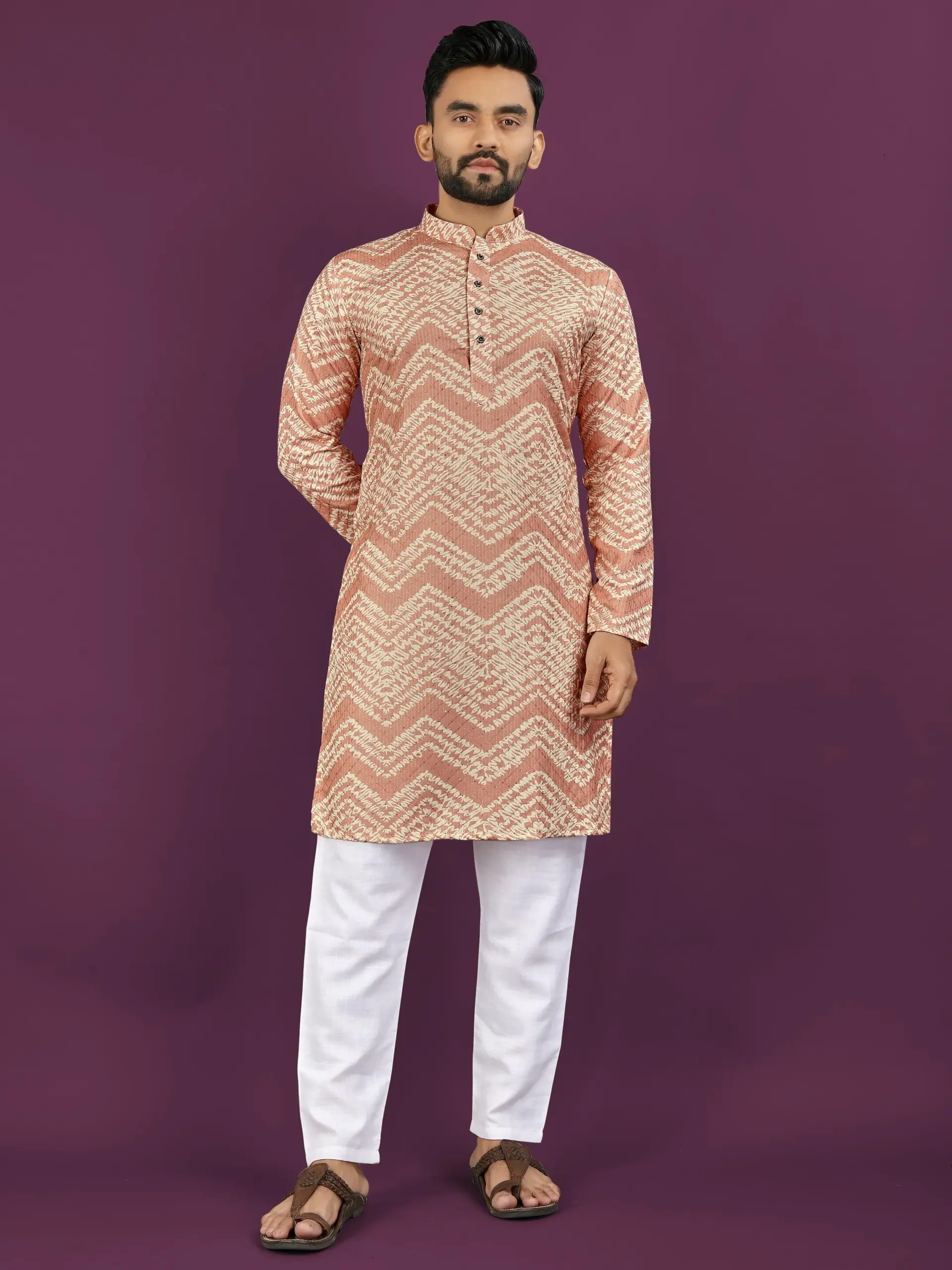 Peach Rayon Laheriya Digital Print Men's Kurta Pyjama