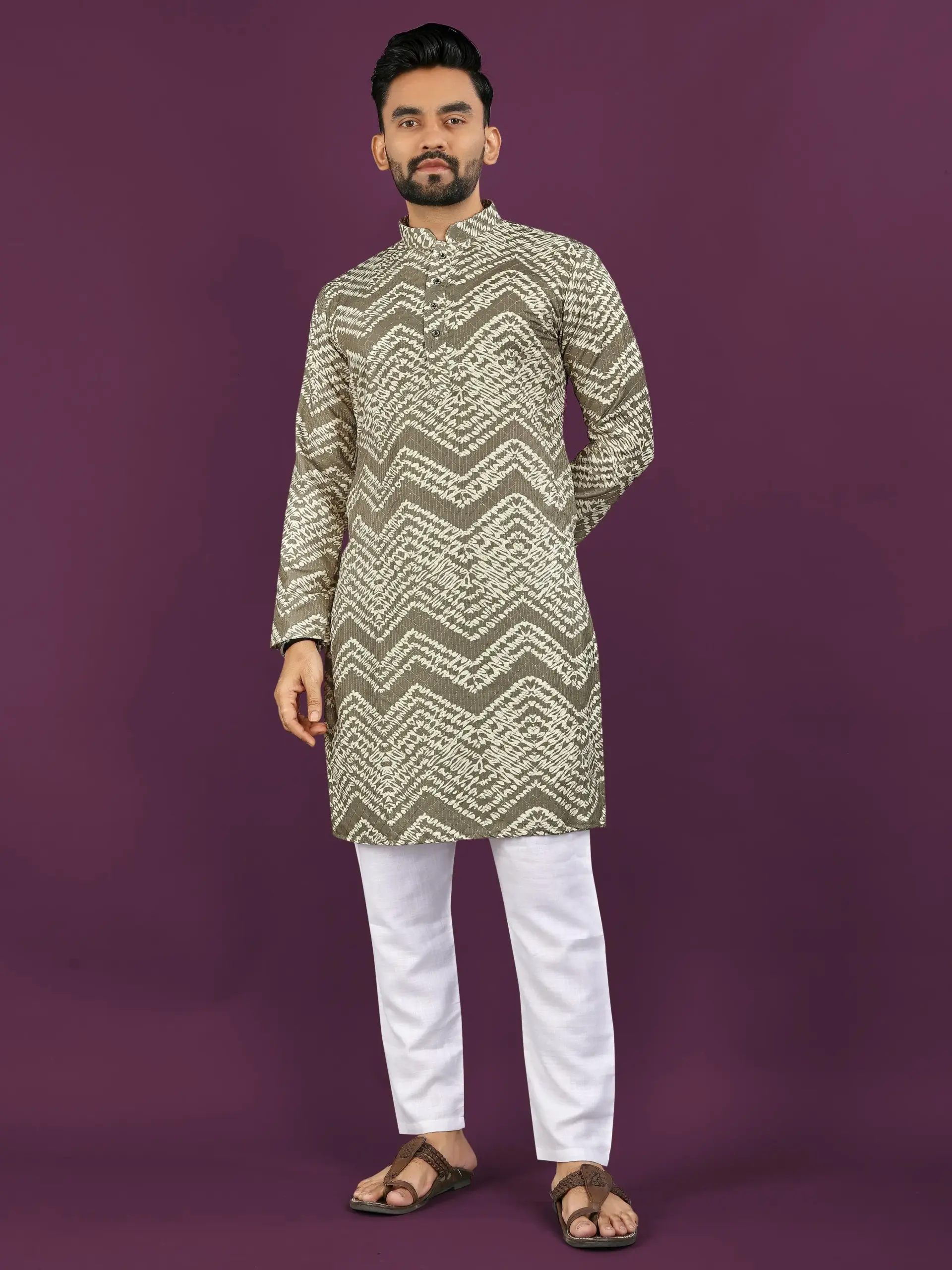 Olive Rayon Laheriya Digital Print Men's Kurta Pyjama