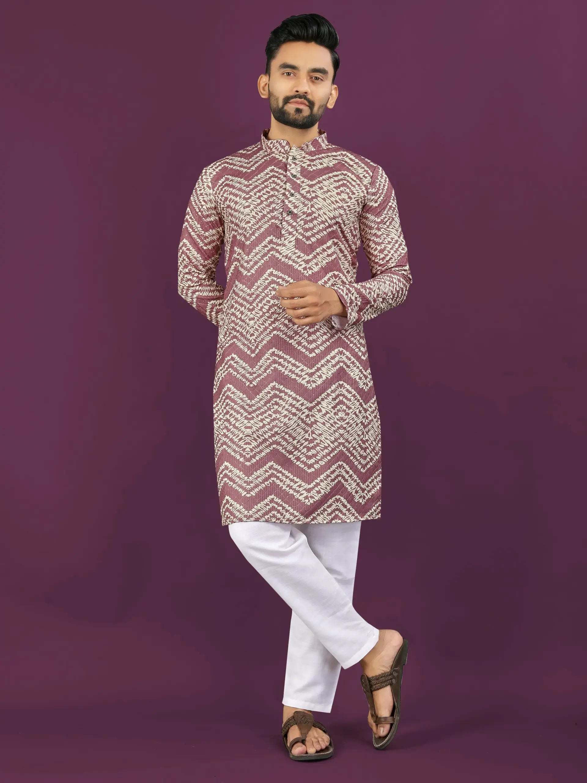 Dusty Purple Rayon Laheriya Digital Print Men's Kurta Pyjama