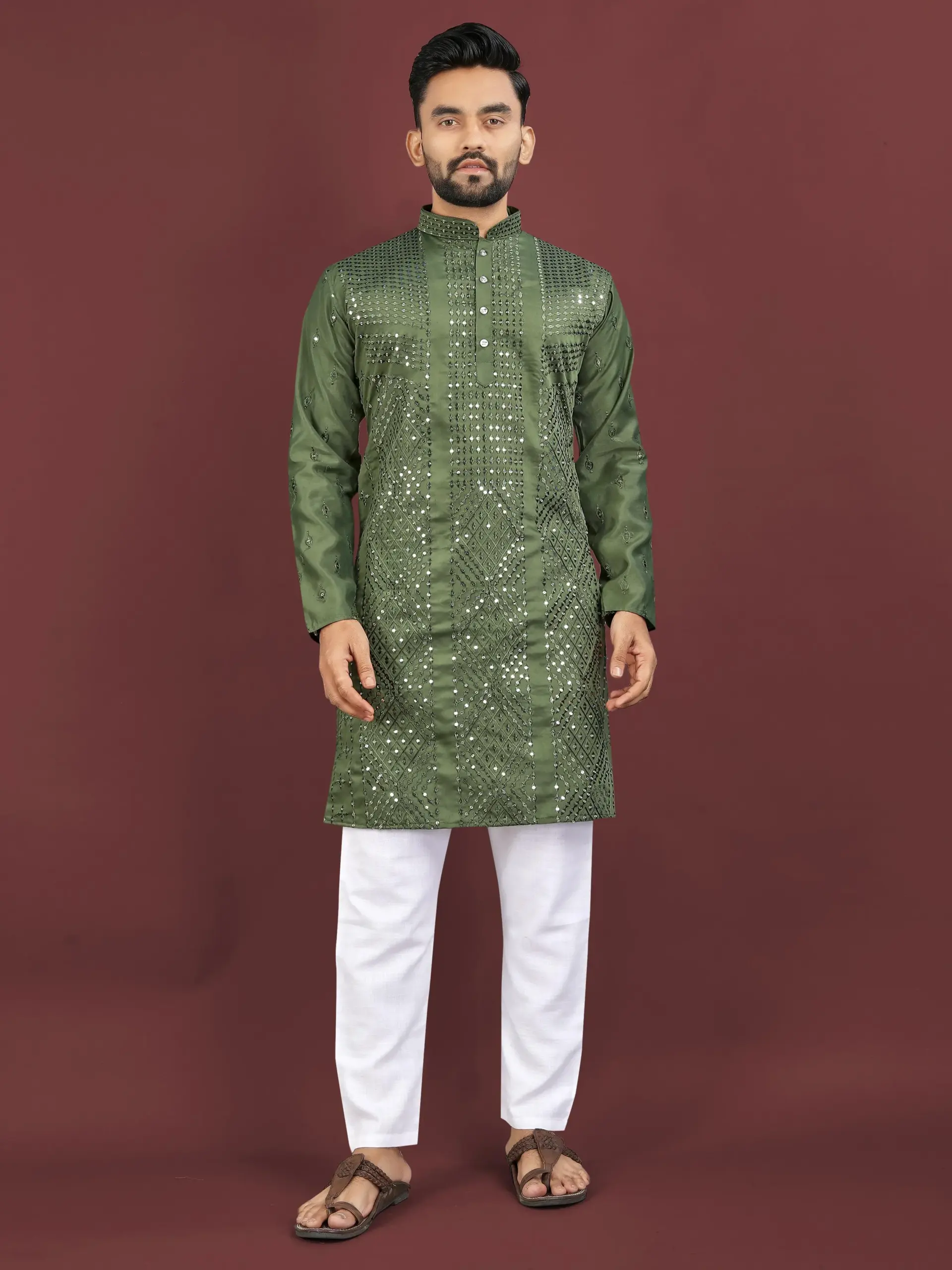 Olive Cotton Sequence Work Men's Kurta Pyjama