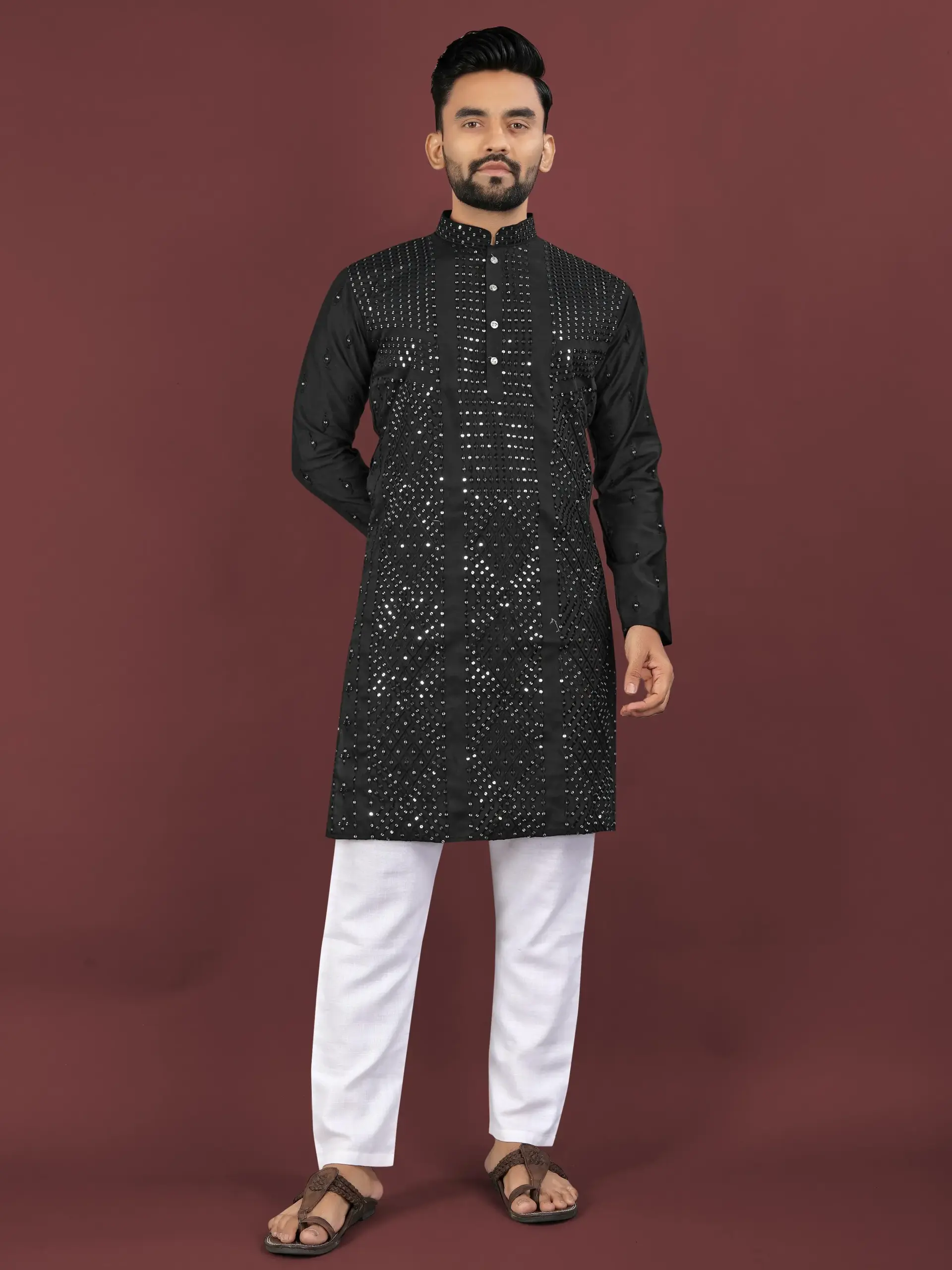 Black Cotton Sequence Work Men's Kurta Pyjama