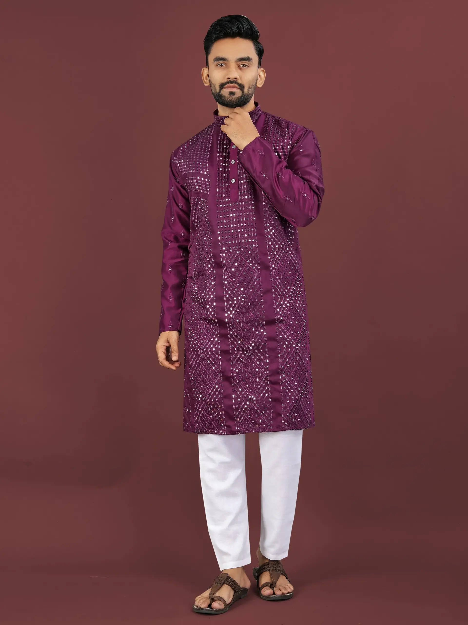 Wine Cotton Sequence Work Men's Kurta Pyjama