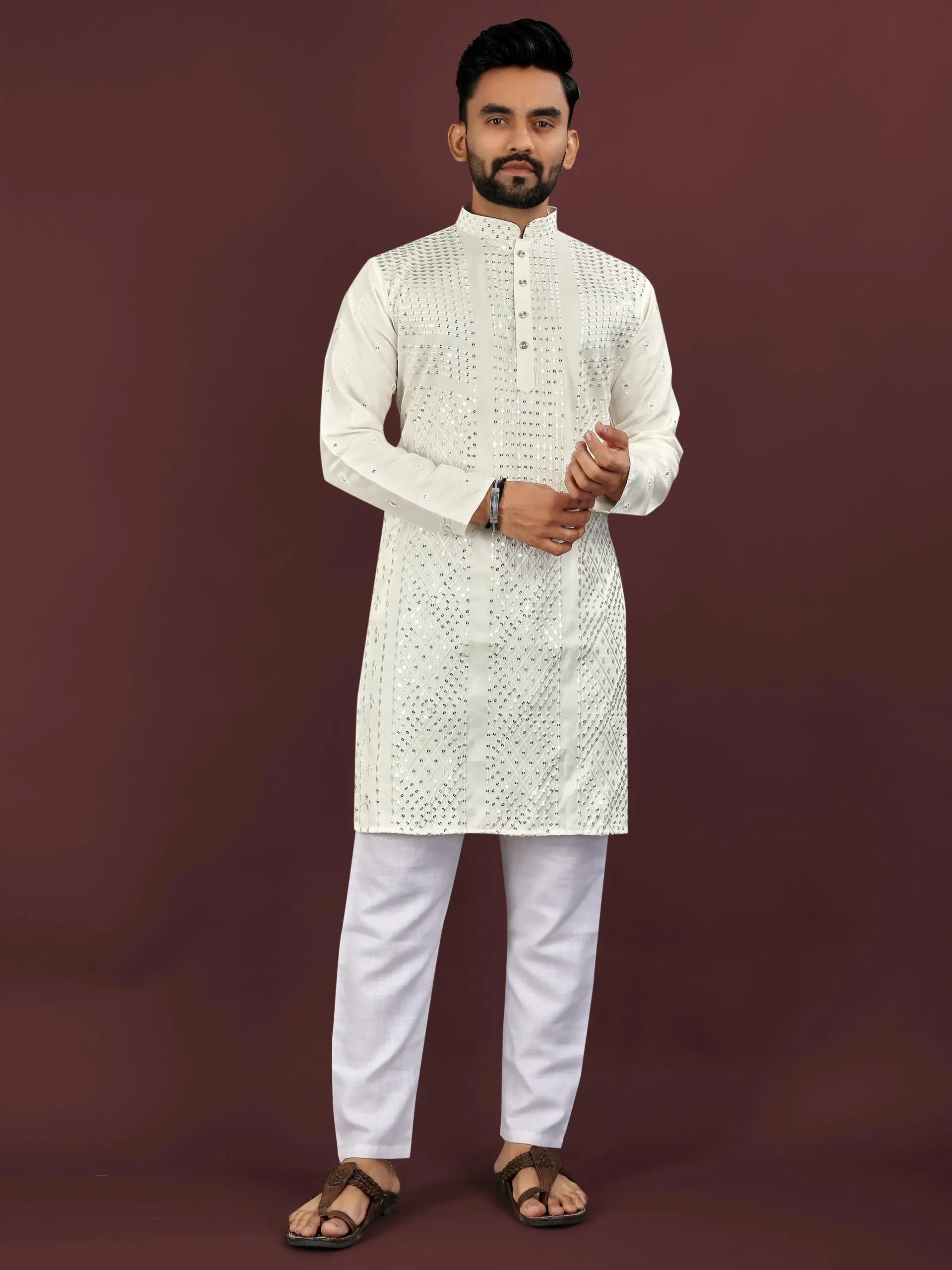 Off White Cotton Sequence Work Men's Kurta Pyjama