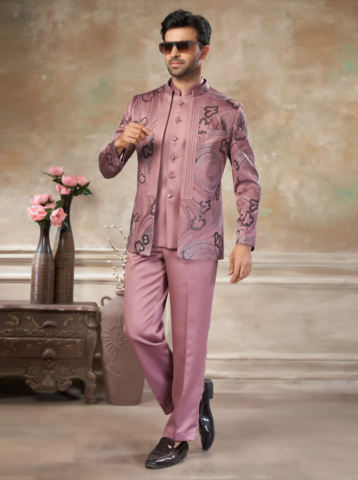 Pink Terry Rayon Sequins Embroidered Jodhpuri Suit Pant Set