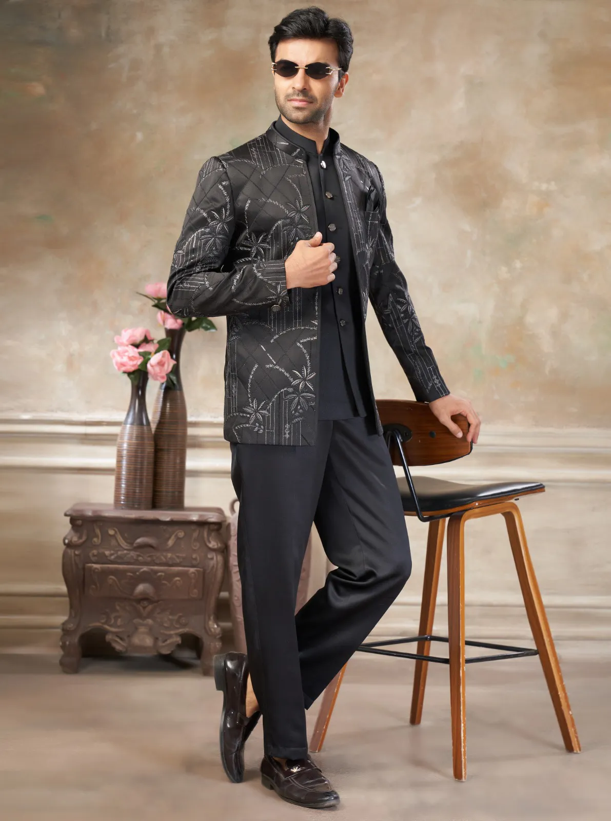Black Terry Rayon Sequins Embroidered Jodhpuri Suit Pant Set - Image 2