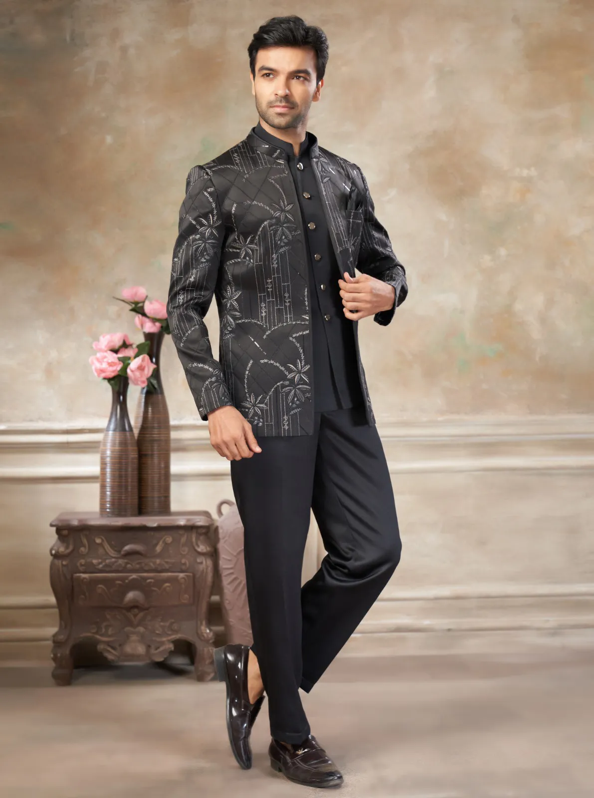 Black Terry Rayon Sequins Embroidered Jodhpuri Suit Pant Set