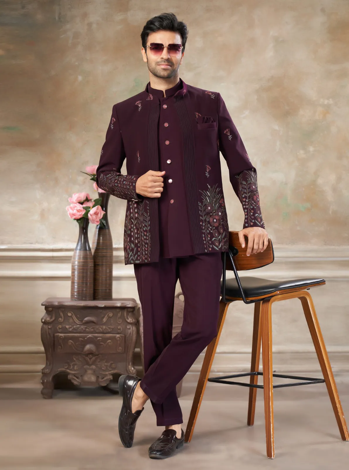 Wine Terry Rayon Sequins Embroidered Jodhpuri Suit Pant Set