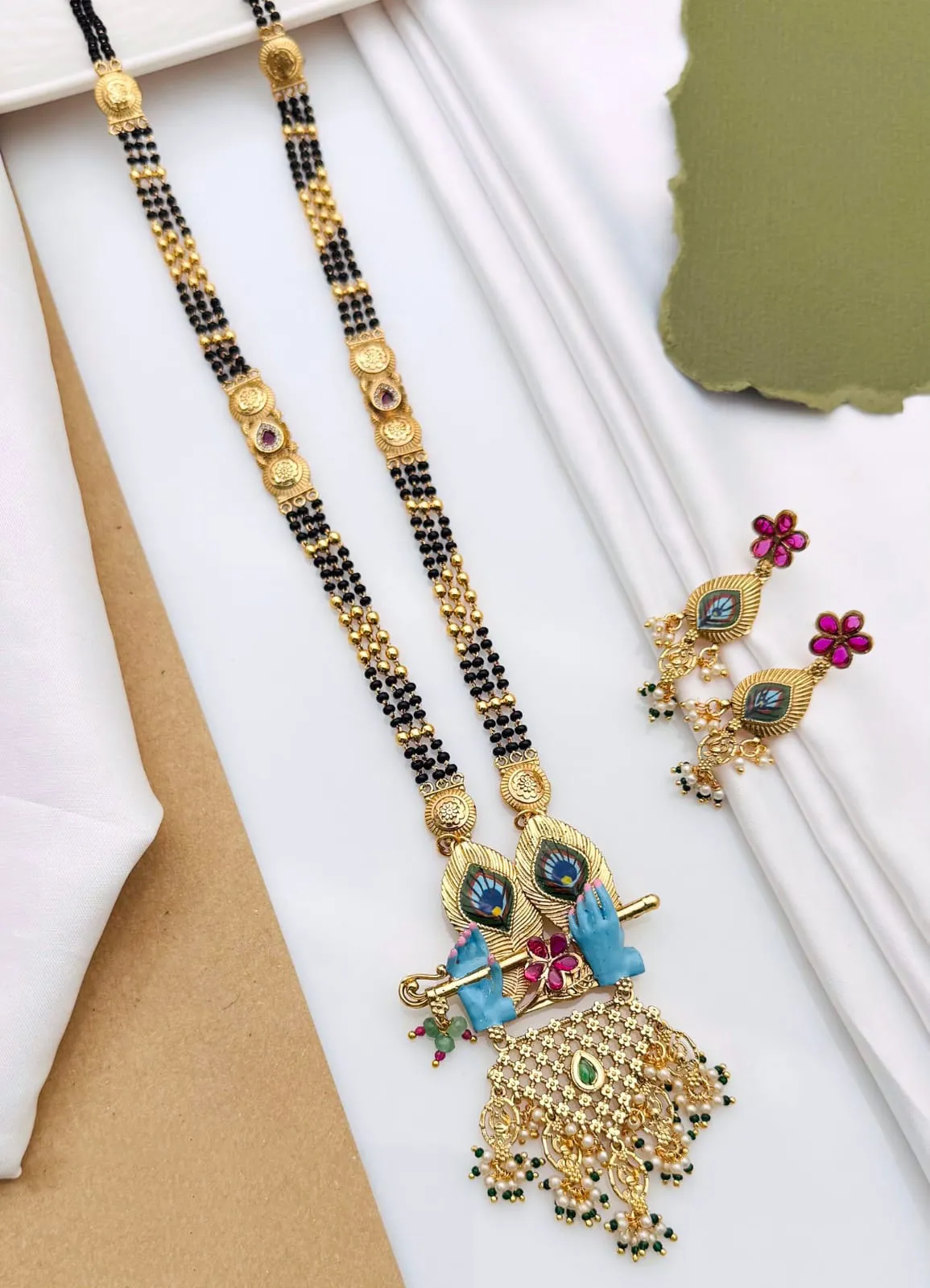 Antique High Gold Brass Mangalsutra with Krishna Peacock Earrings