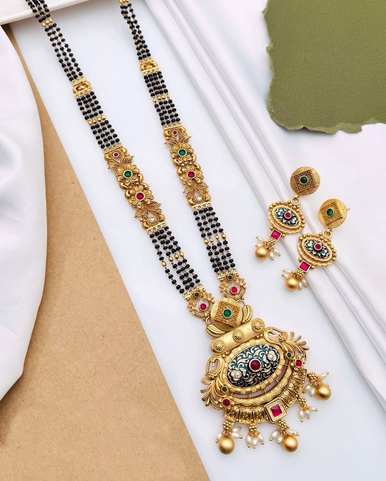 Antique Brass High Gold Mangalsutra with Matching Earrings