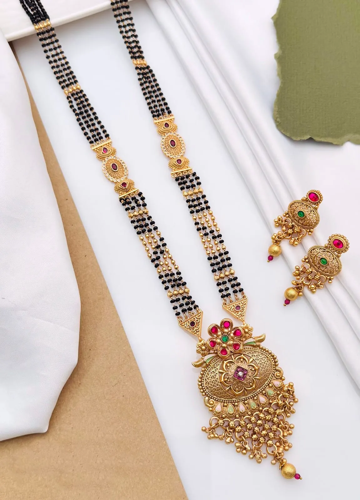 Designer Antique Elephant & Tree of Life Mangalsutra Set with Jhumka Earrings