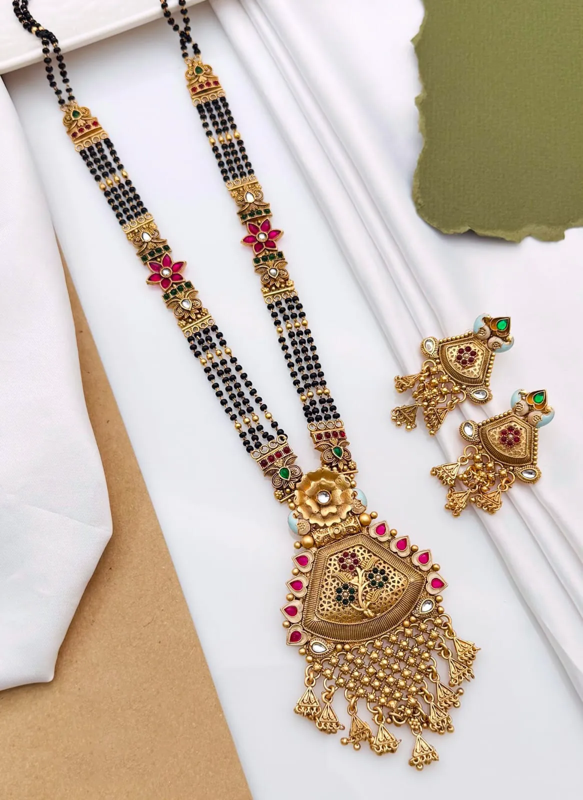 Antique Brass High Gold Floral Mangalsutra with Ethnic Dangles