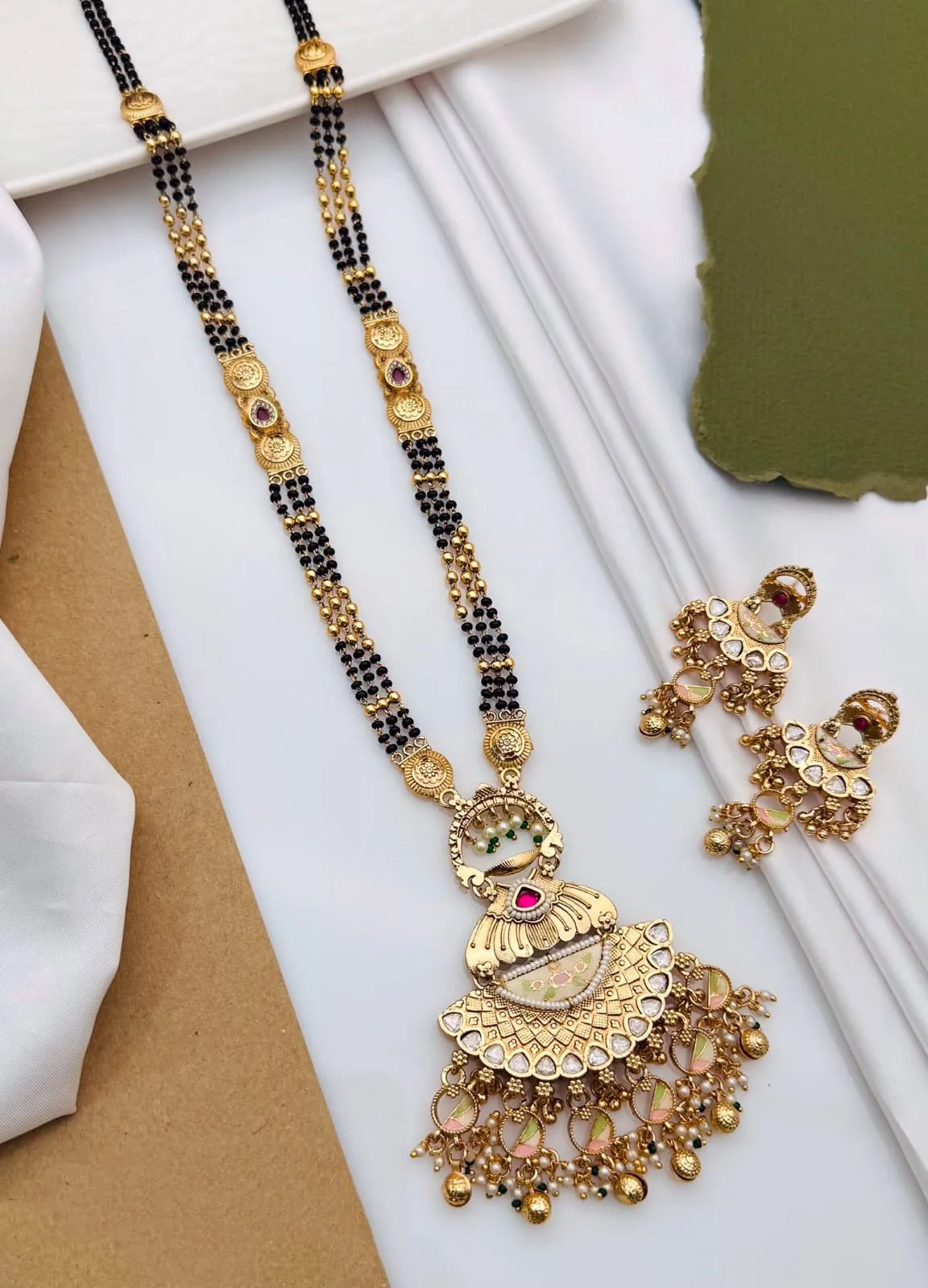High Gold Mangalsutra with Traditional Enamel Earrings