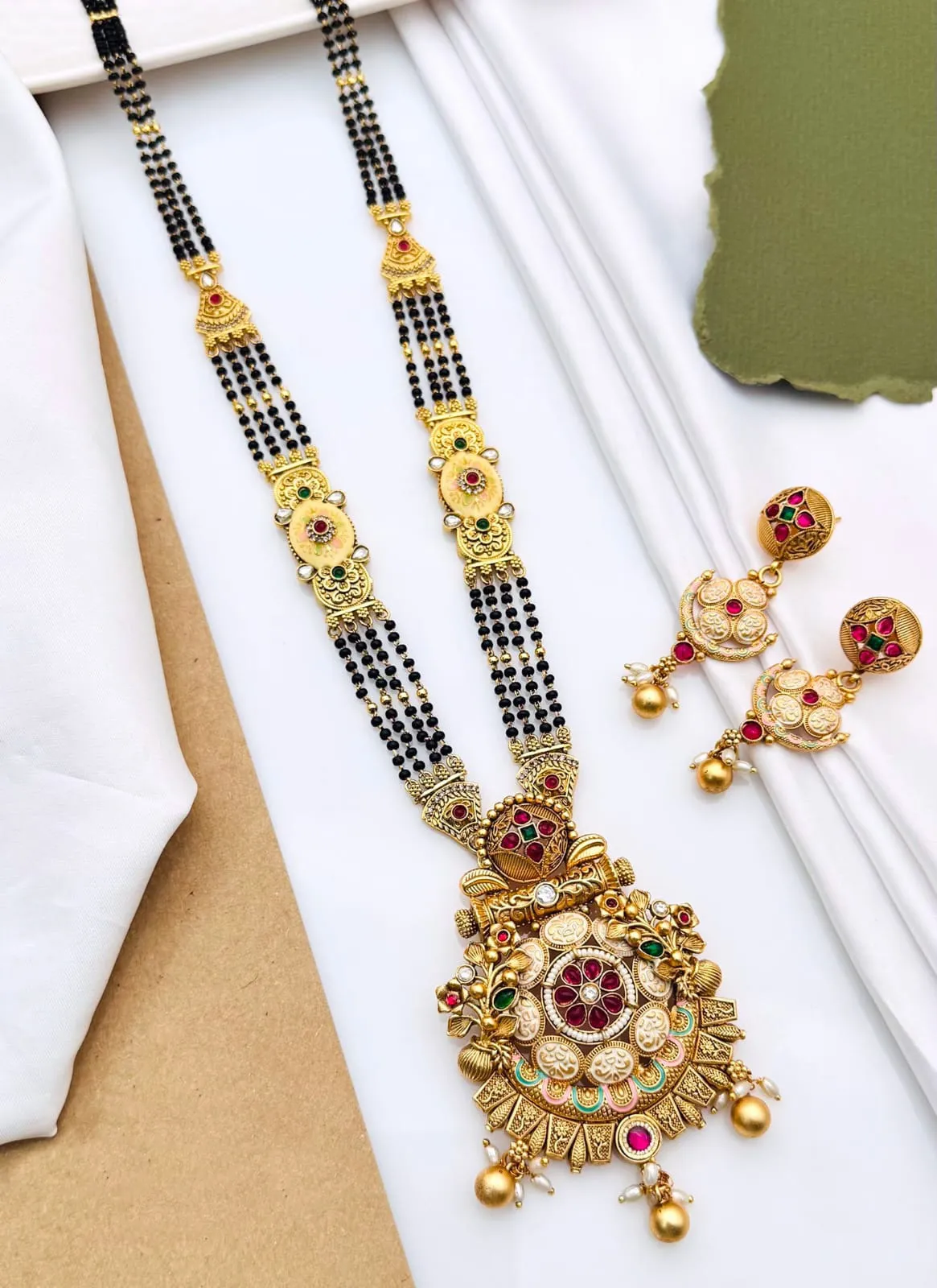 Grand Antique Brass High Gold Mangalsutra with Matching Earrings