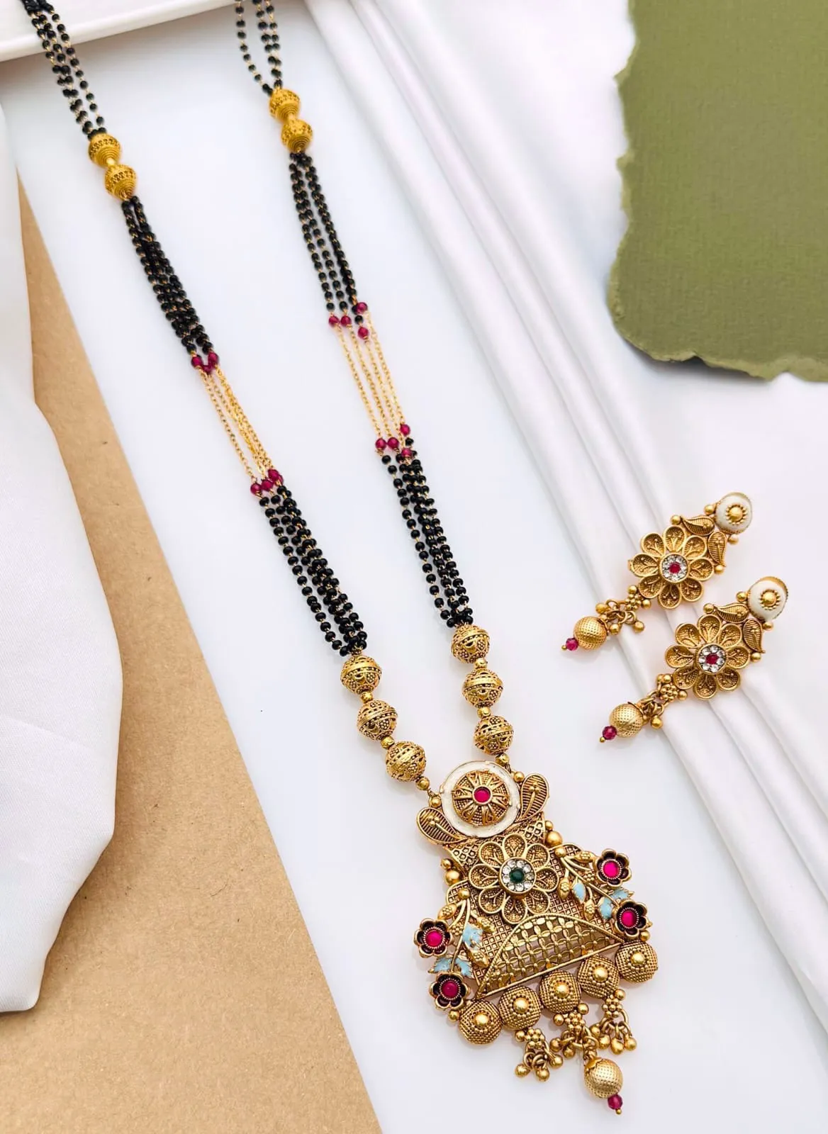 Traditional Long Chain Antique Mangalsutra with Ethnic Floral Earrings