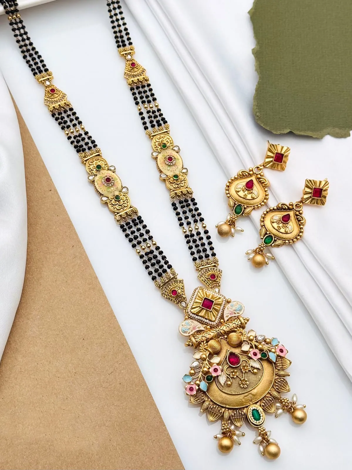 Long Chain Antique Mangalsutra with Enamel Earrings