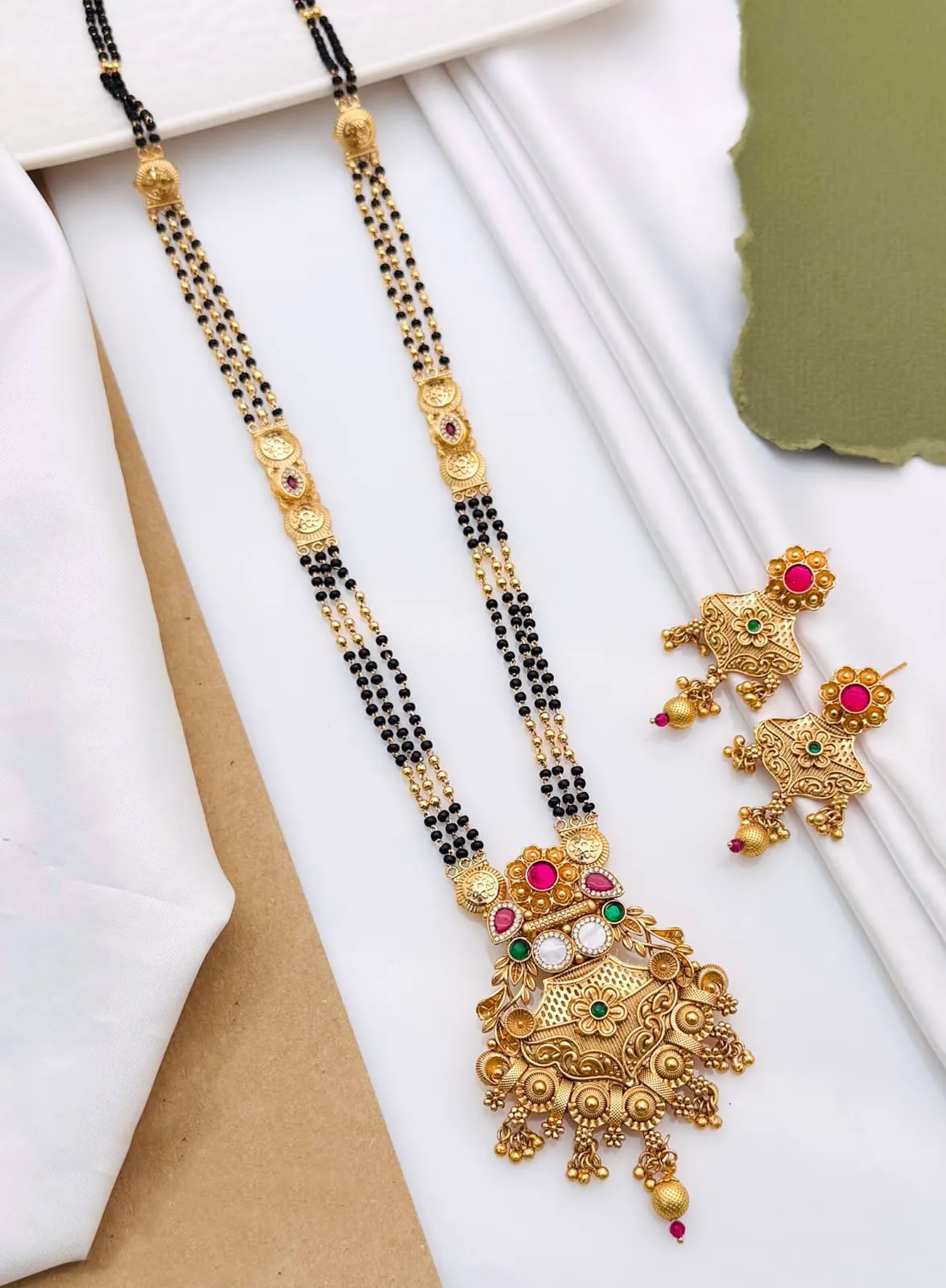 Long Chain Antique Mangalsutra with Ethnic Floral Drop Earrings