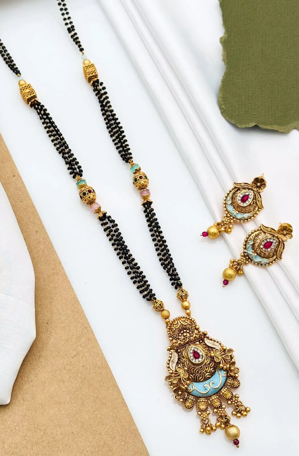 Traditional Long Chain Mangalsutra with Blue Enamel Earrings