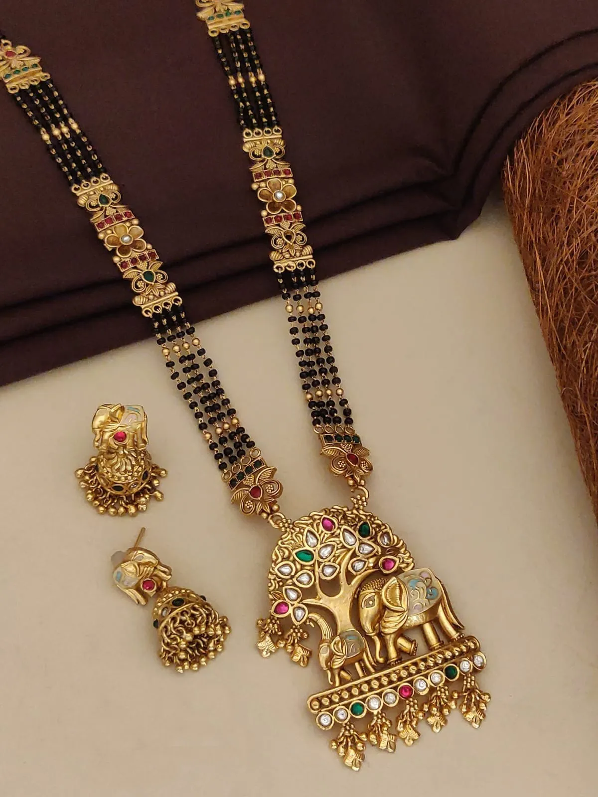 Antique Gold Elephant Motif Mangalsutra with Jhumka Earrings