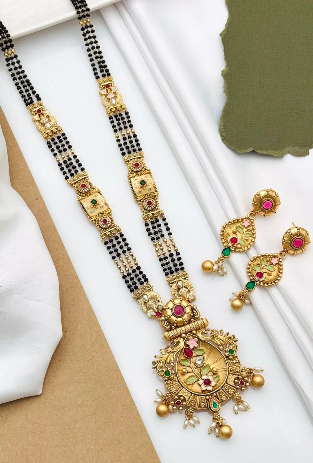 Mangalsutra with Krishna & Peacock Motif Earrings
