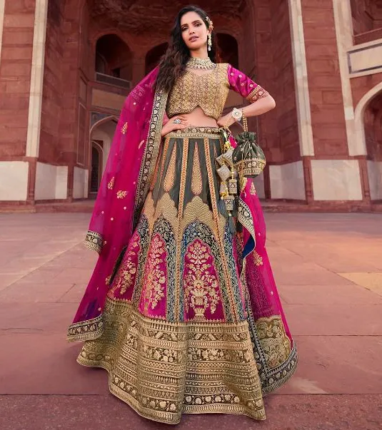 Grey and Pink Velvet Sequins Embroidered Bridal Lehenga