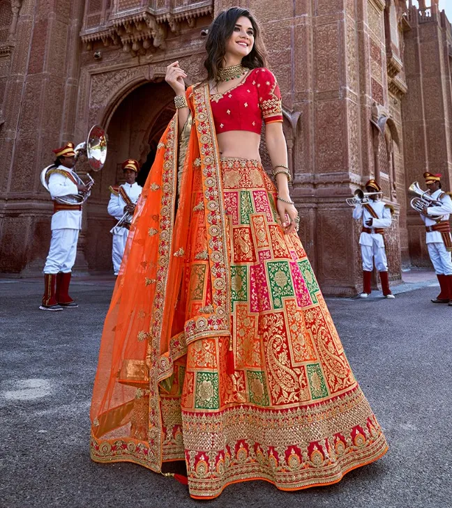 Red and Orange Silk Weaving Embroidered Bridal Lehenga