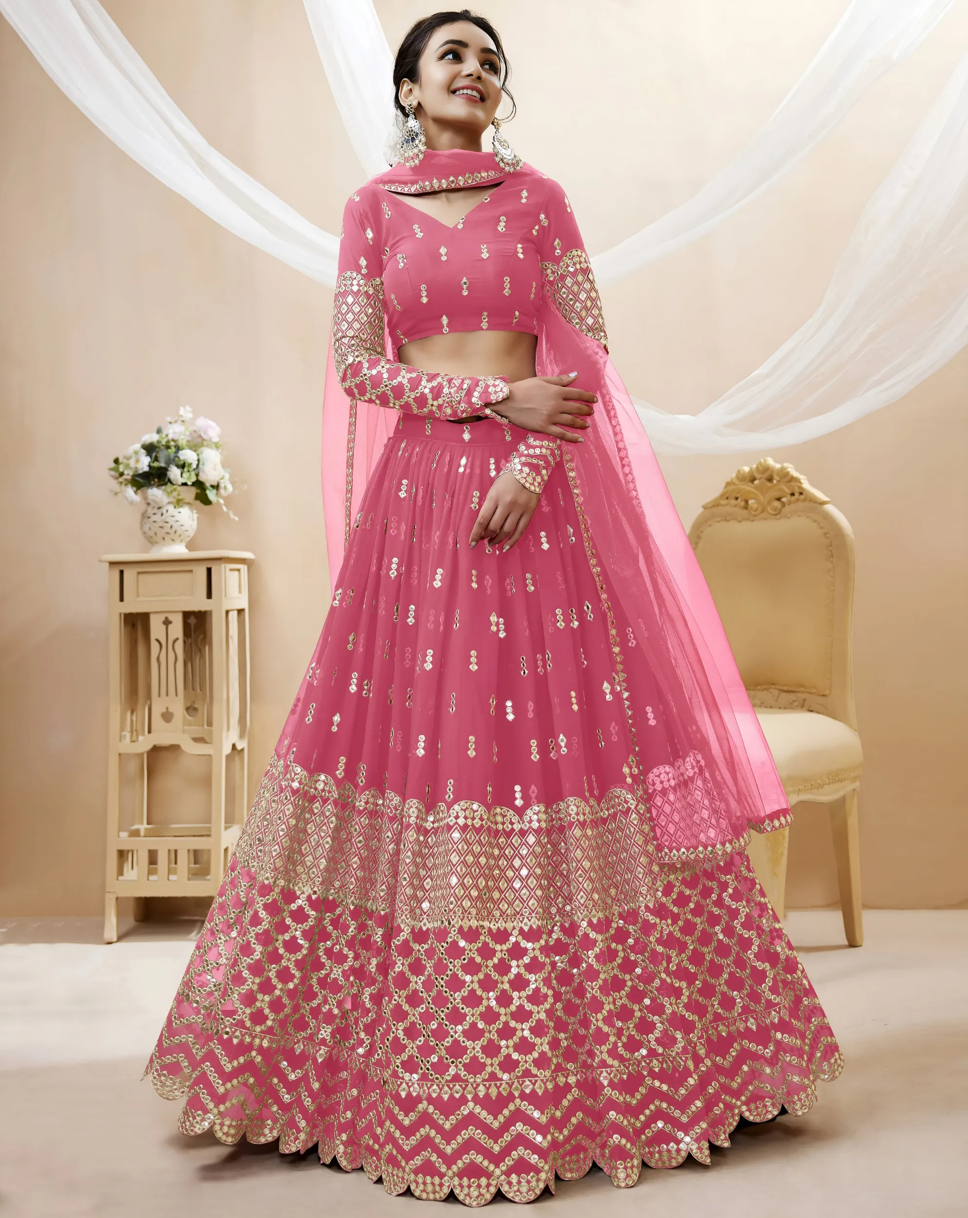 Pink Georgette Embroidered Party Wear Lehenga
