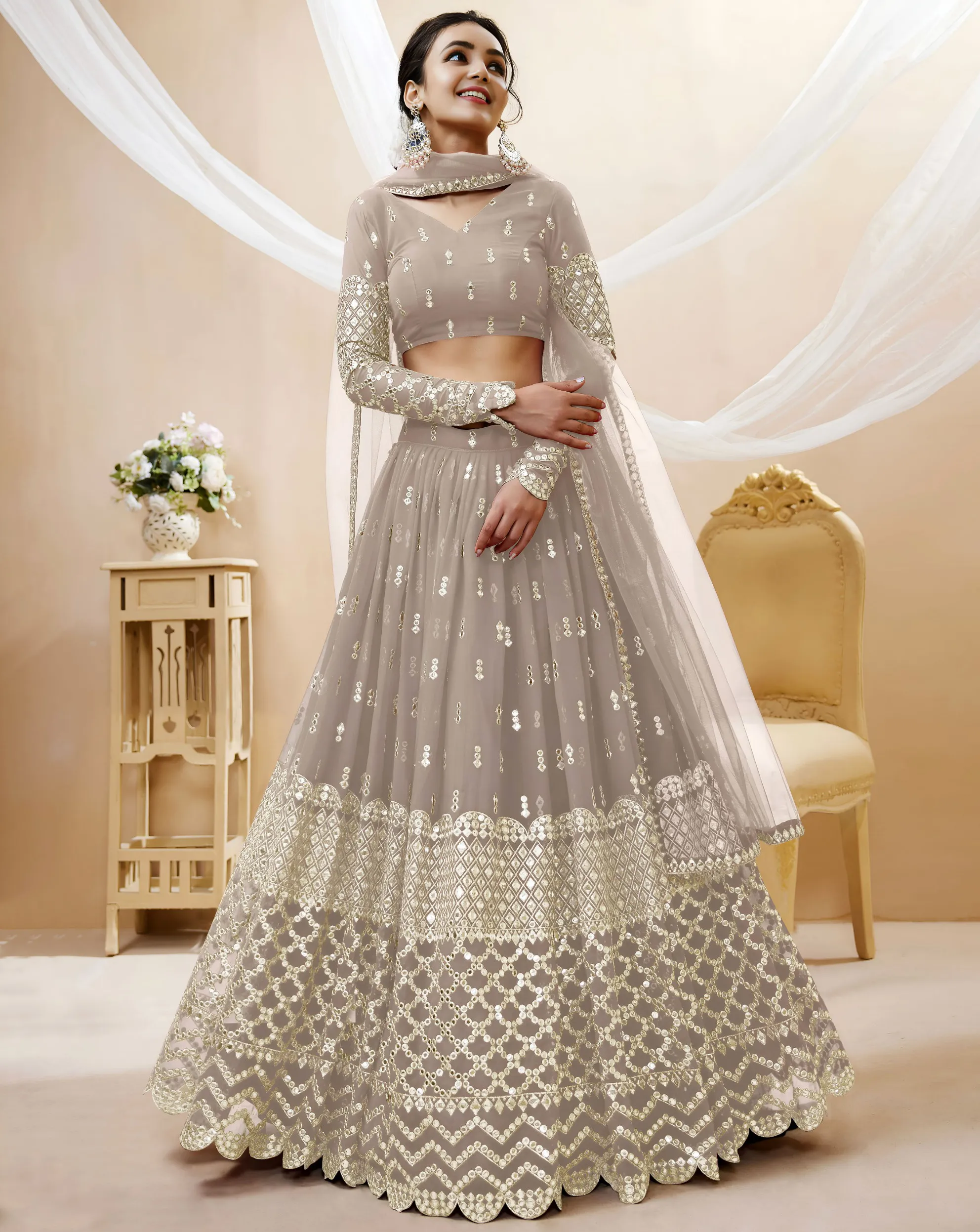 Grey Georgette Embroidered Party Wear Lehenga