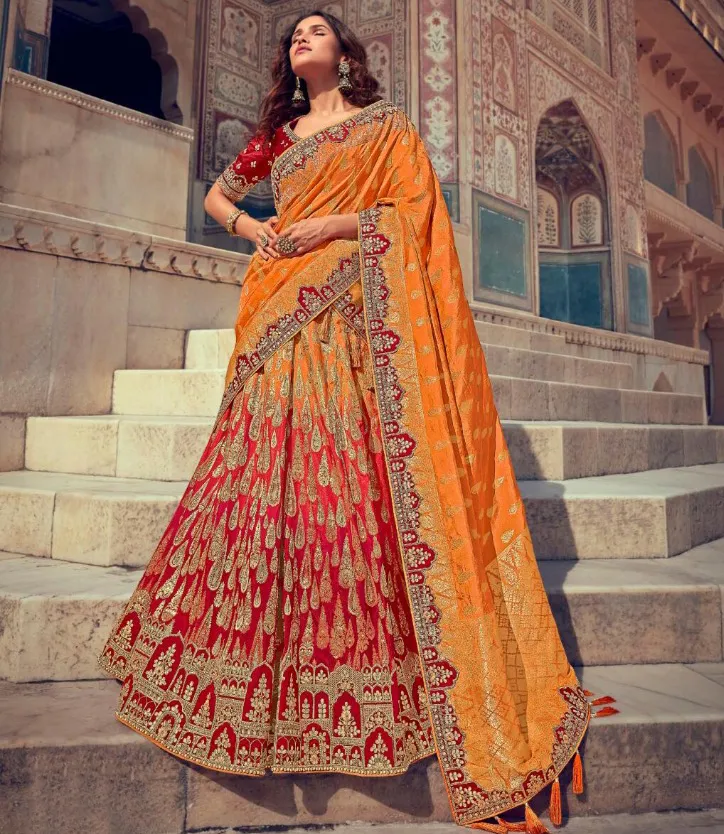 Red and Orange Dola Silk Pearls Embroidered Bridal Lehenga