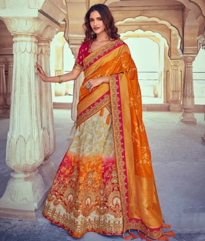Cream and Orange Dola Silk Pearls Embroidered Bridal Lehenga