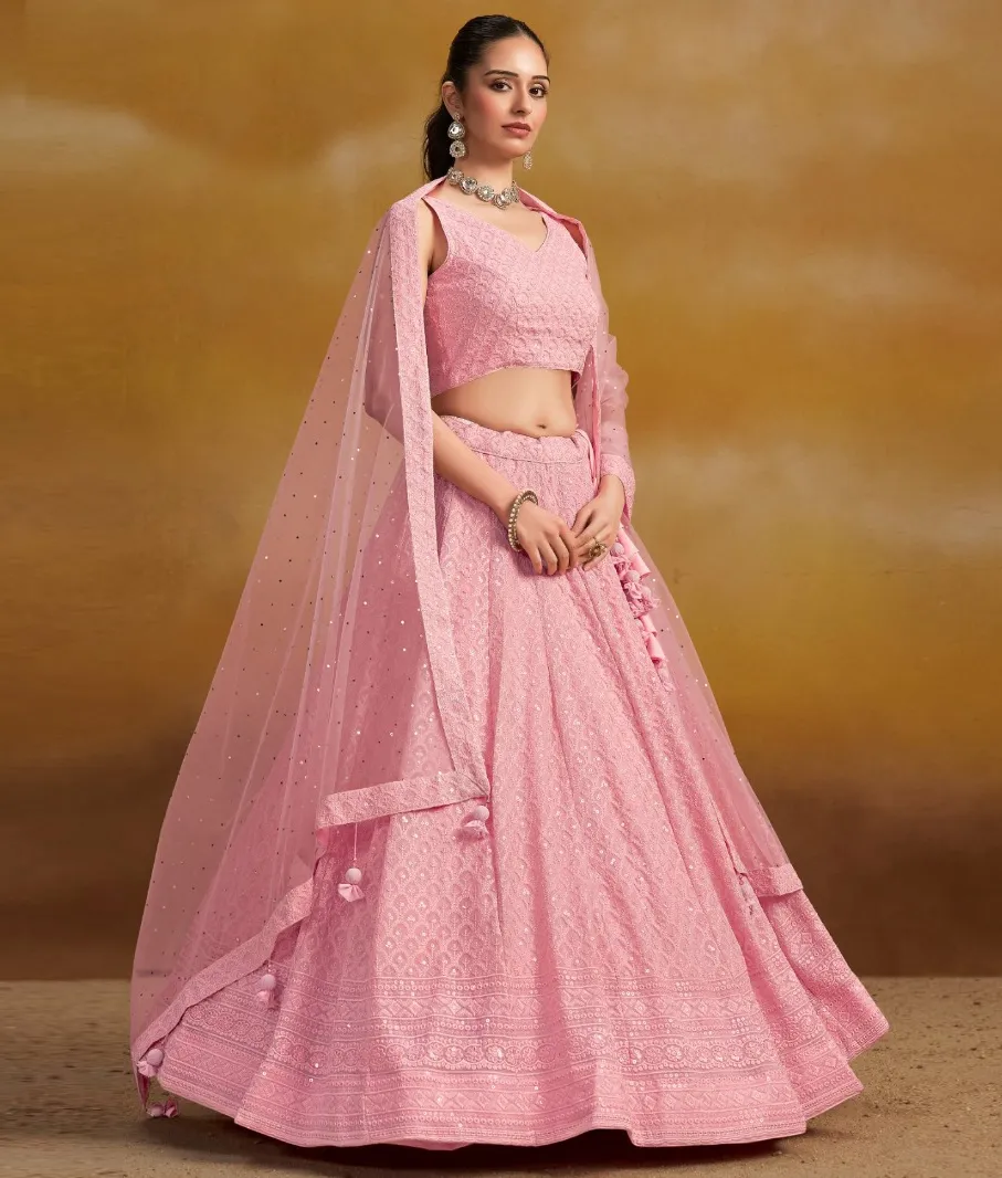 Light Pink Georgette Sequins Embroidered Lehenga