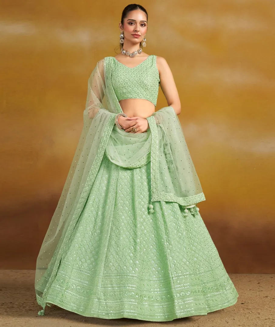 Mint Green Georgette Sequins Embroidered Lehenga