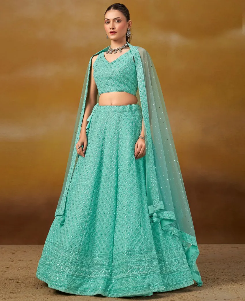 Sky Blue Georgette Sequins Embroidered Lehenga