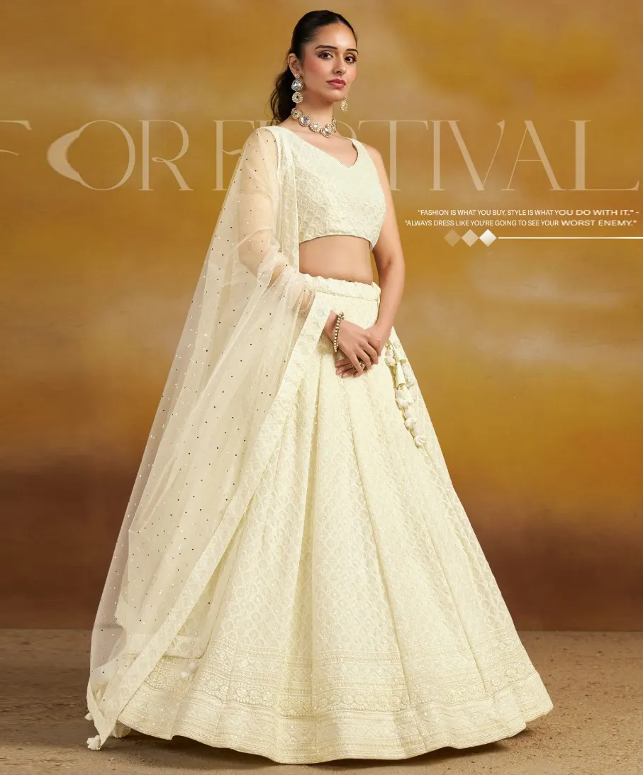 Cream Georgette Sequins Embroidered Lehenga