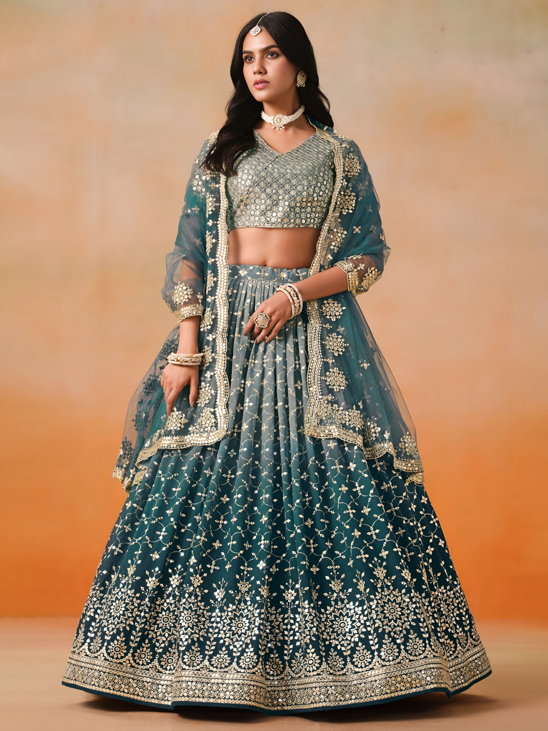 Teal Blue Georgette Thread Embroidered Partywear Lehenga