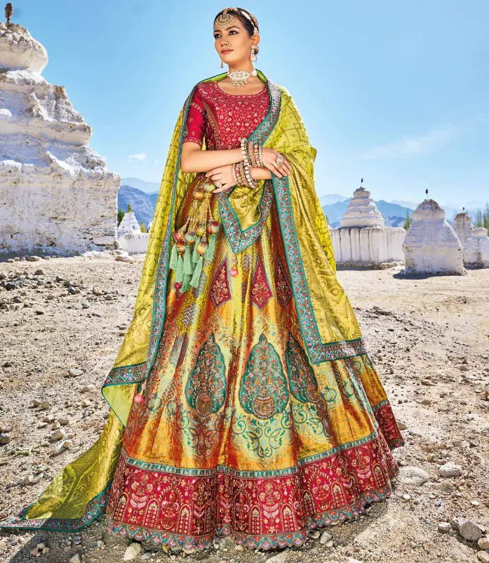 Yellow Banarasi Silk Jacquard Swarovski Work Lehenga