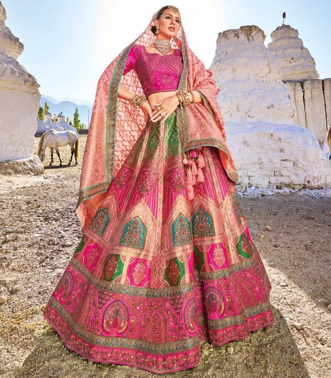 Pink Banarasi Silk Jacquard Swarovski Work Lehenga
