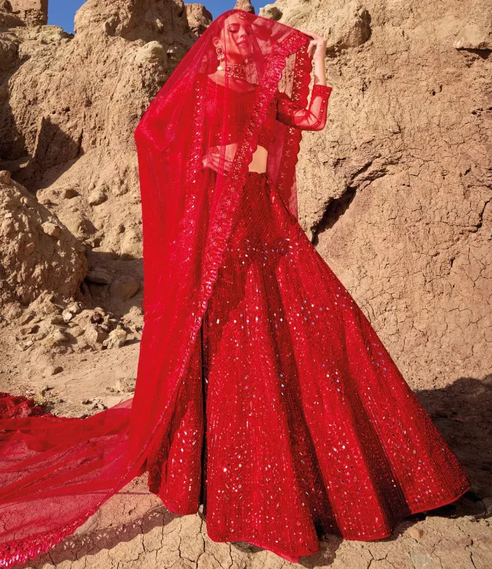 Red Pure Net Mirror Embroidered Bridal Lehenga