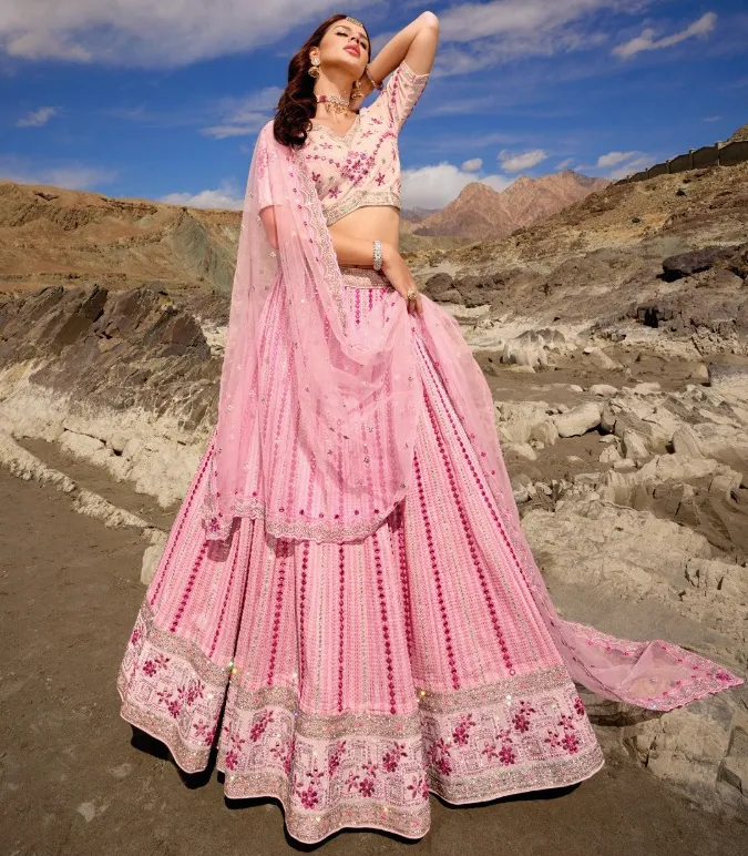 Pink Pure Georgette Sequins Embroidered Bridal Lehenga