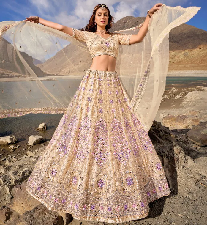 Cream Pure Net Mirror Embroidered Designer Lehenga