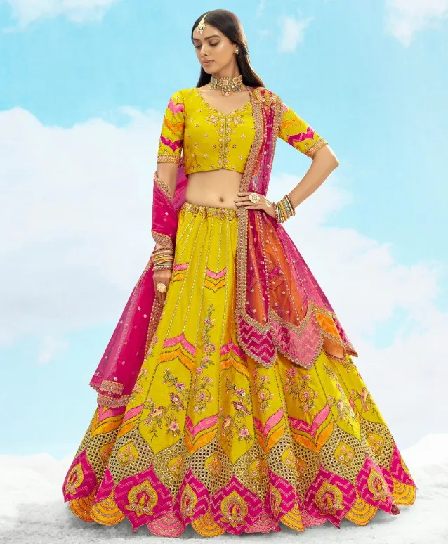 Yellow Silk Stone Embroidered Designer Lehenga