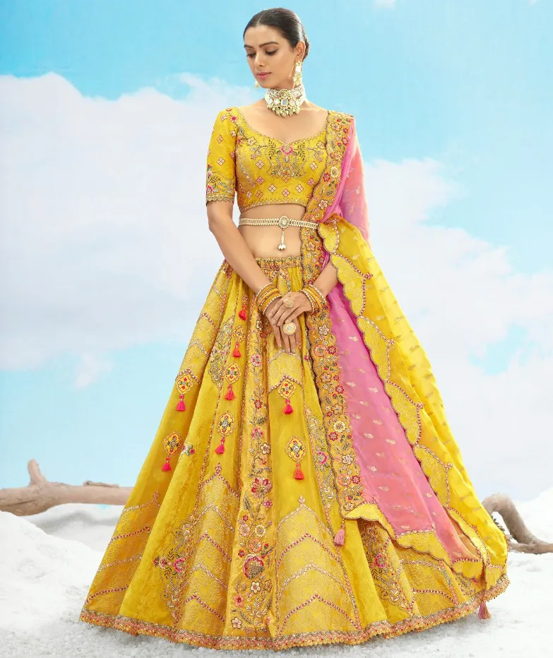 Yellow Silk Stone Embroidered Bridal Lehenga
