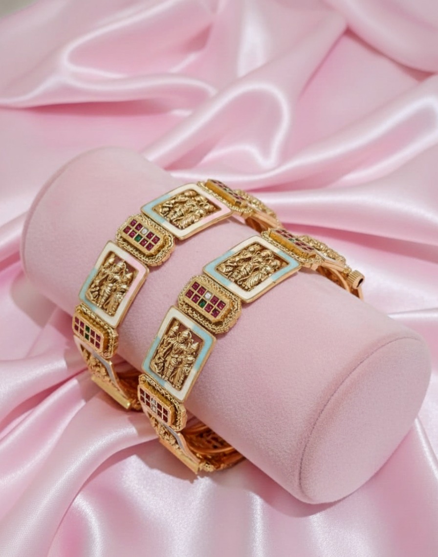 Ethnic Brass Rajwadi Kangan Set with Ruby & Emerald Stone Work