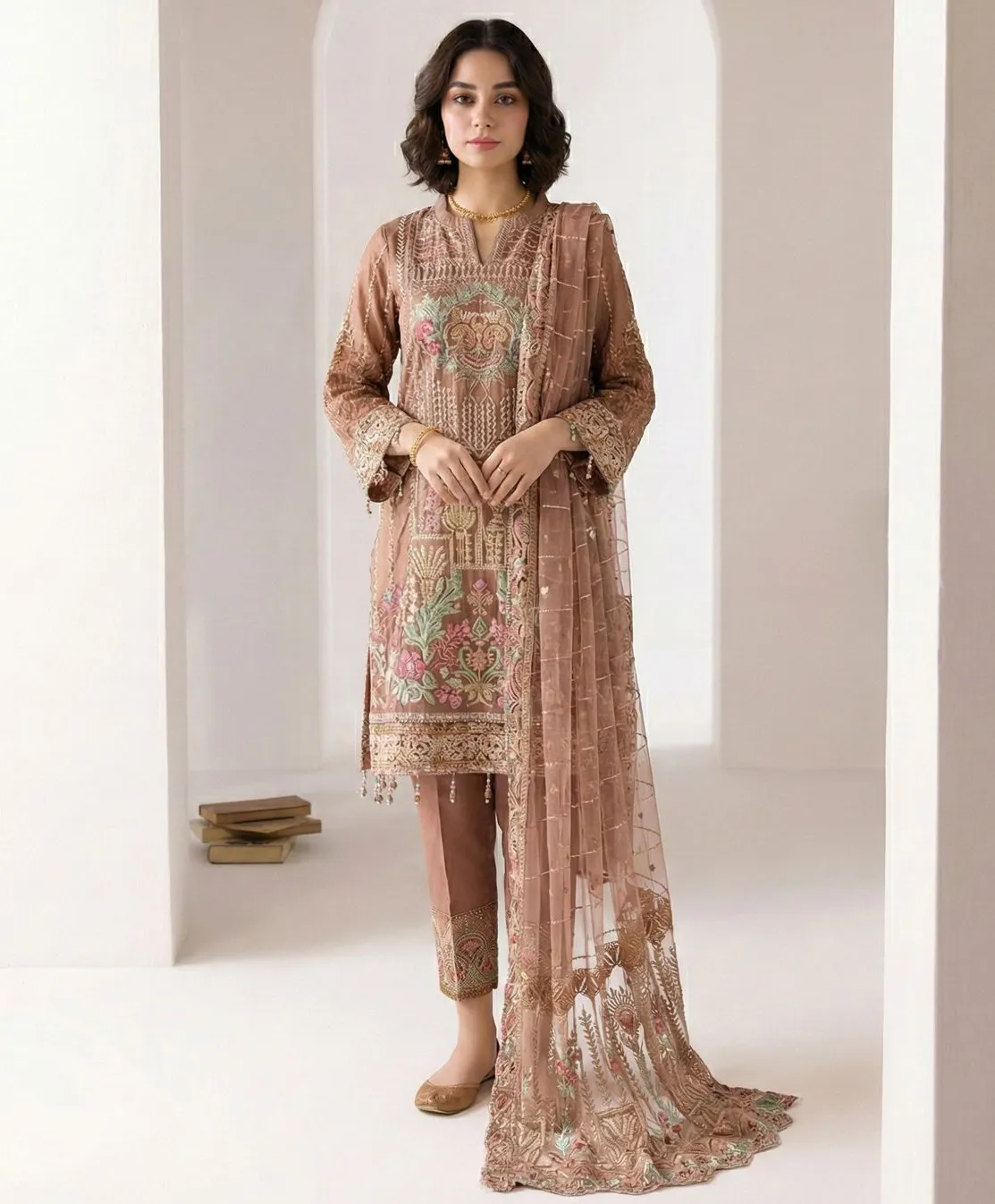 Brown Georgette Embroidered Readymade Pakistani Suit